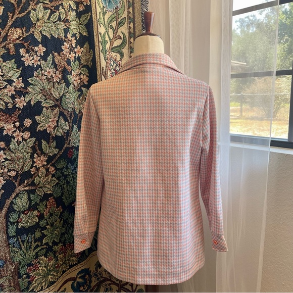 Vintage 1970’s Orange Grey White Houndstooth Button-Down Blouse Dagger Collar - Picture 4 of 6